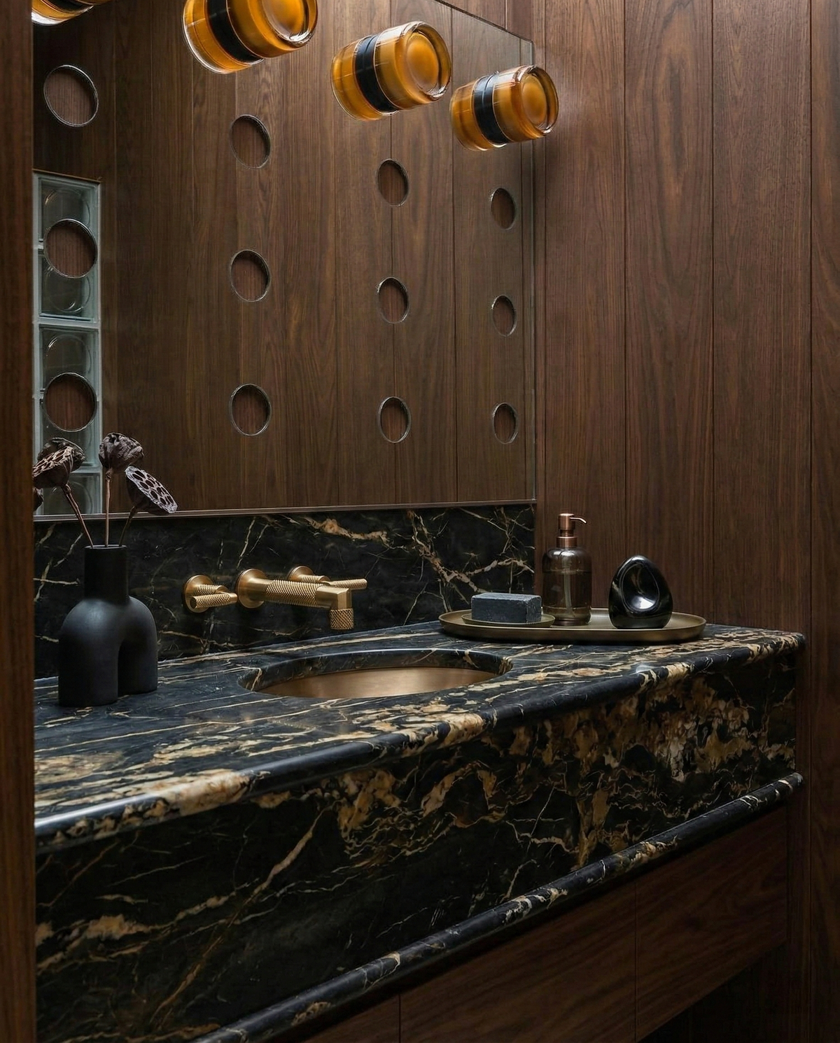 EVOA design wall lights, round amber globes with luminous halo