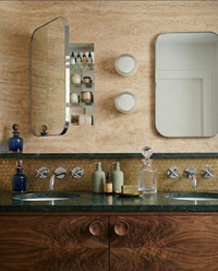 EVOA design wall lights in a bathroom, round globes with luminous halo