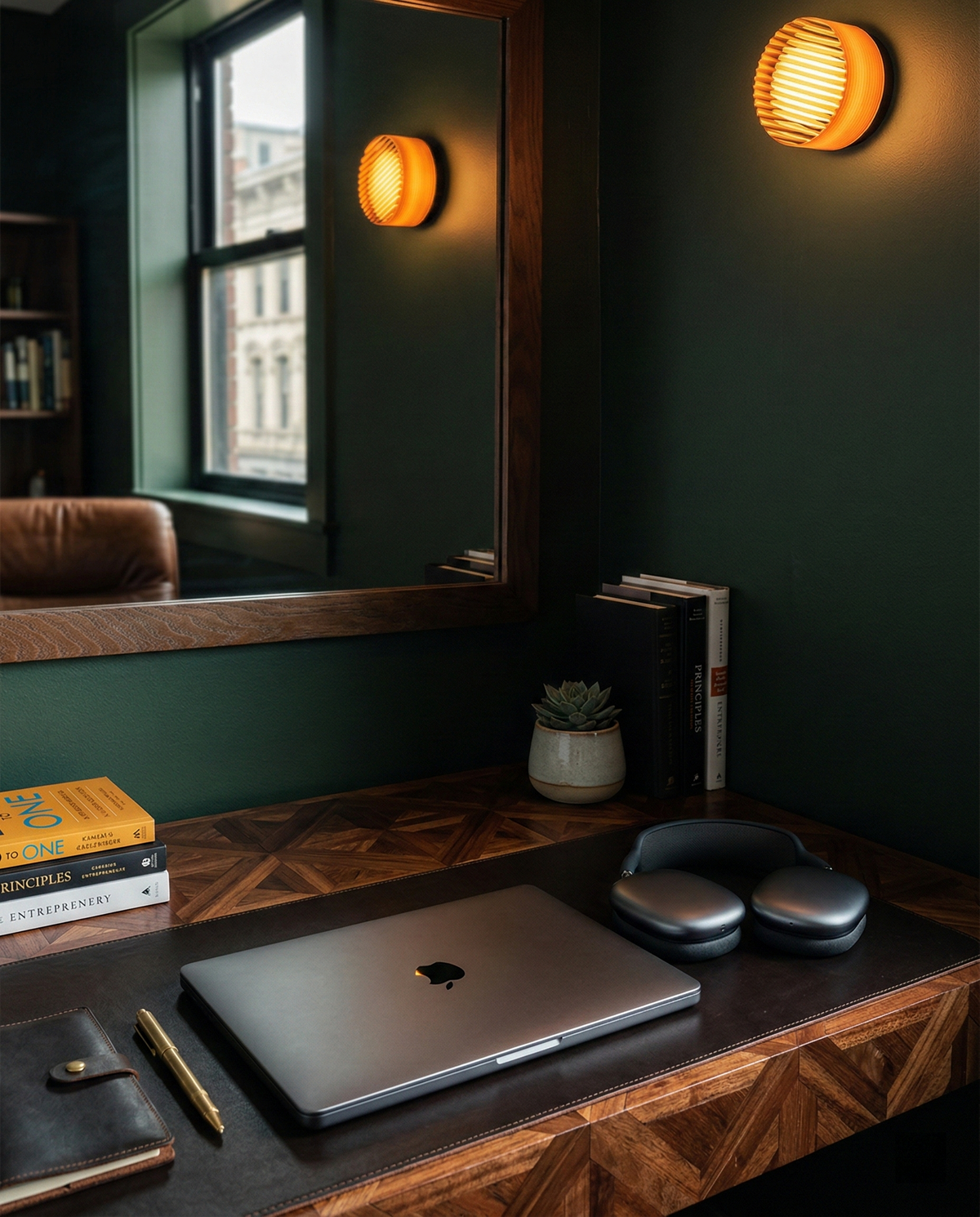 EVOA design wall lights, round amber globes with luminous halo