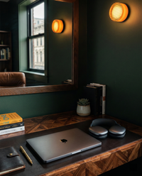 EVOA design wall lights, round amber globes with luminous halo